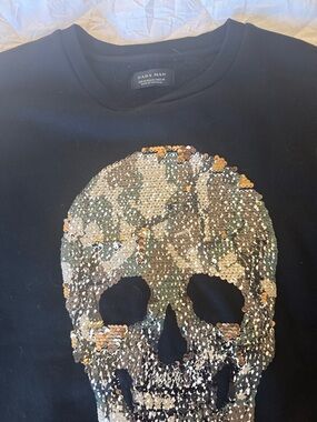 Zara Men Black Tank Top with Gold & Silver Sequin Skull